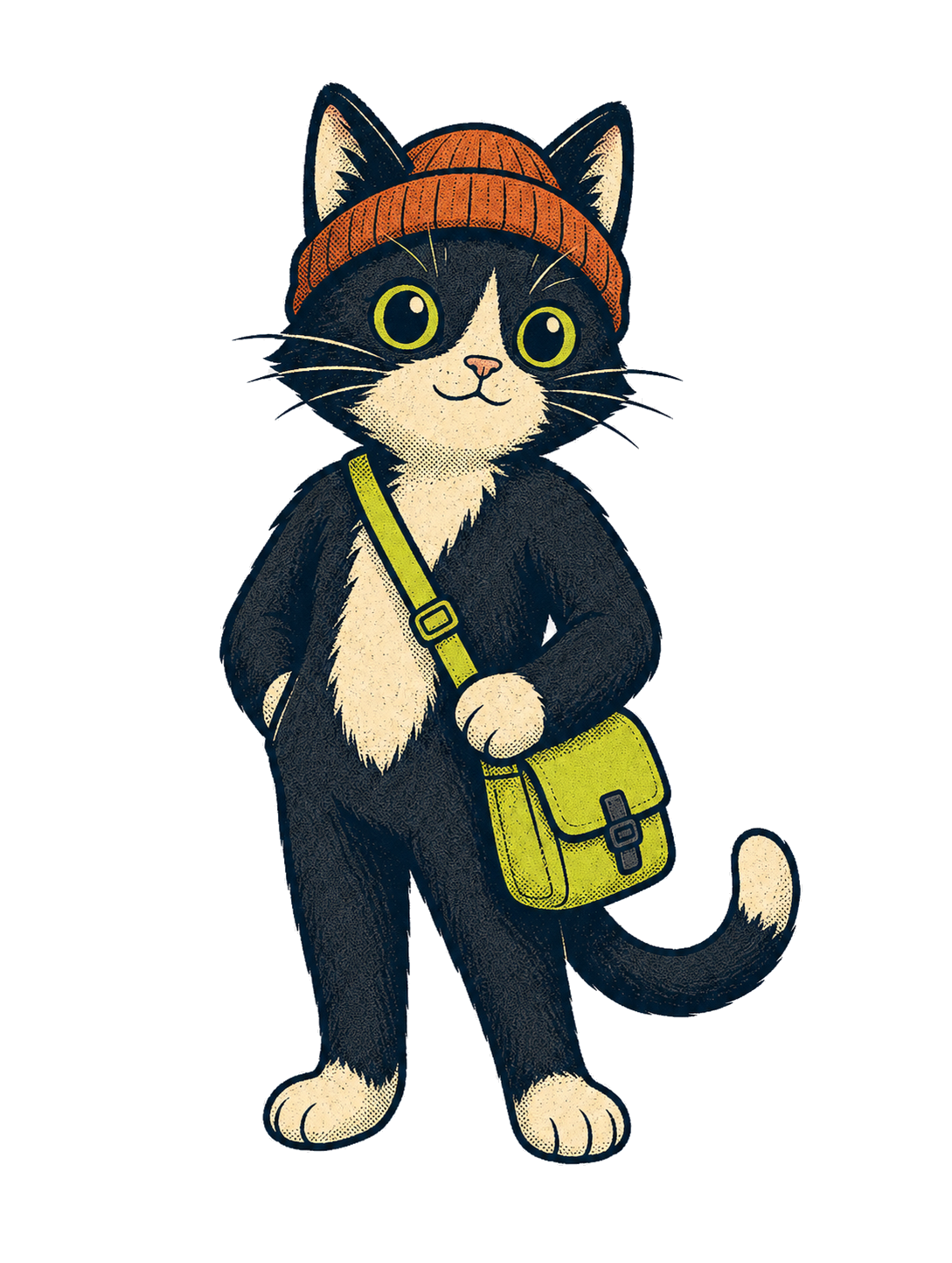 Tuxedo cat with messenger bag