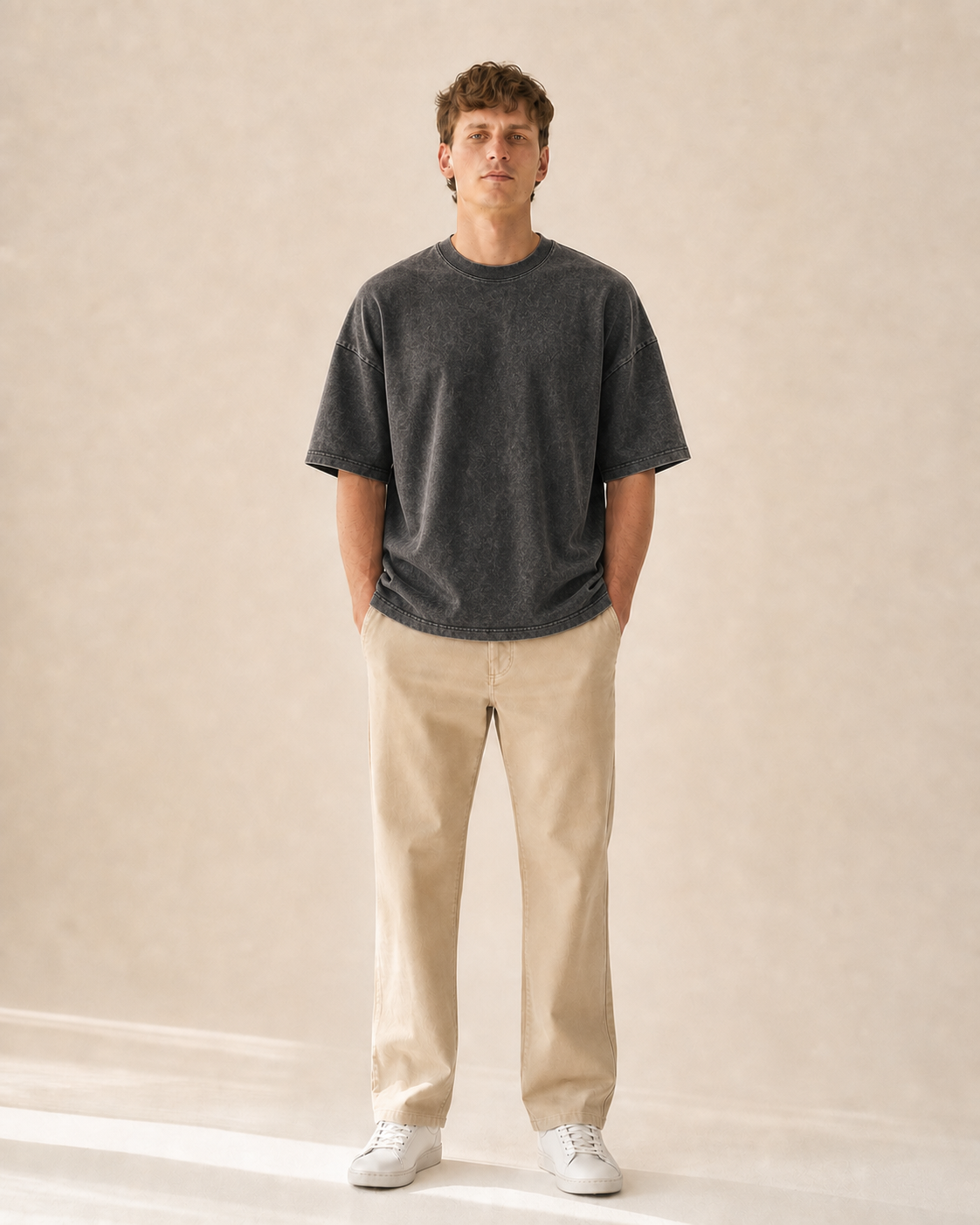 270g acid washed T-shirt on a model