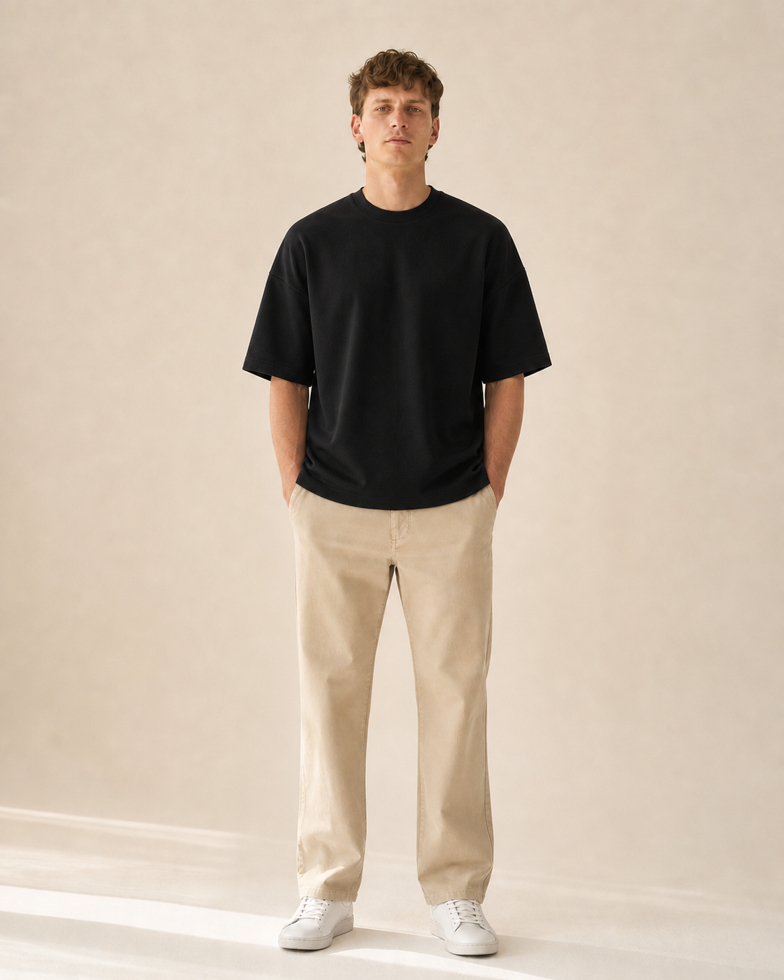 300g black heavyweight T-shirt on a model